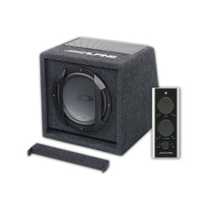 Alpine subwoofer u kućištu za auto zvukove s daljinskim upravljačem za snažan bass.