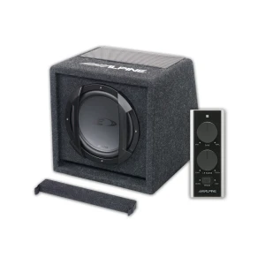 Alpine subwoofer u kućištu za auto zvukove s daljinskim upravljačem za snažan bass.