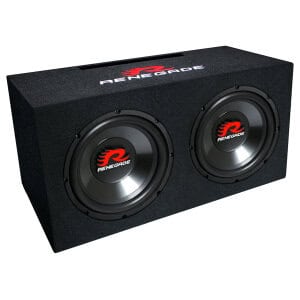 Car subwoofer box with dual speakers for deep bass sound.