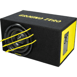 Aktivni subwoofer Ground Zero GZRB 20SPL-ACT u kutiji za vrhunski zvuk i duboke basove.
