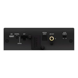 Audio kontroler s USB, optičkim ulazom i RCA izlazom za auto zvučni sustav.
